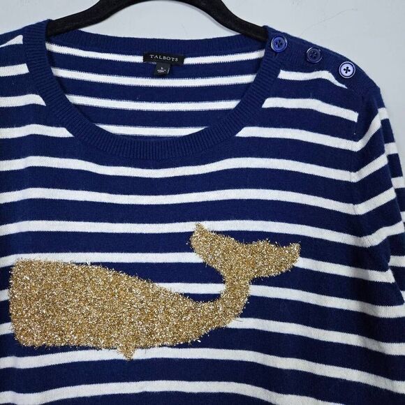Talbots Womens Lambswool Whale Pullover Sweater Sz Large Blue Striped Nautical - Picture 3 of 7